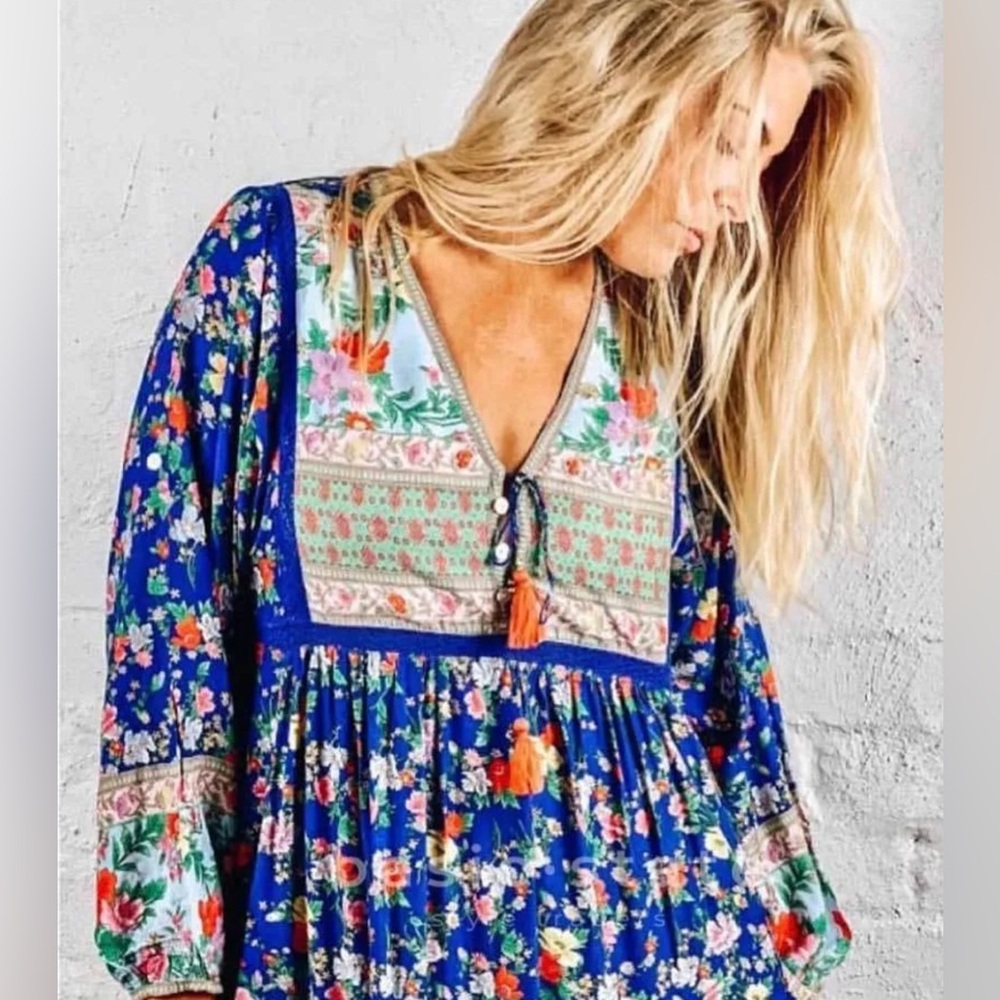 Tulle & Batiste MIRIAM BOHO BLOUSE - LAPIS LAZULI